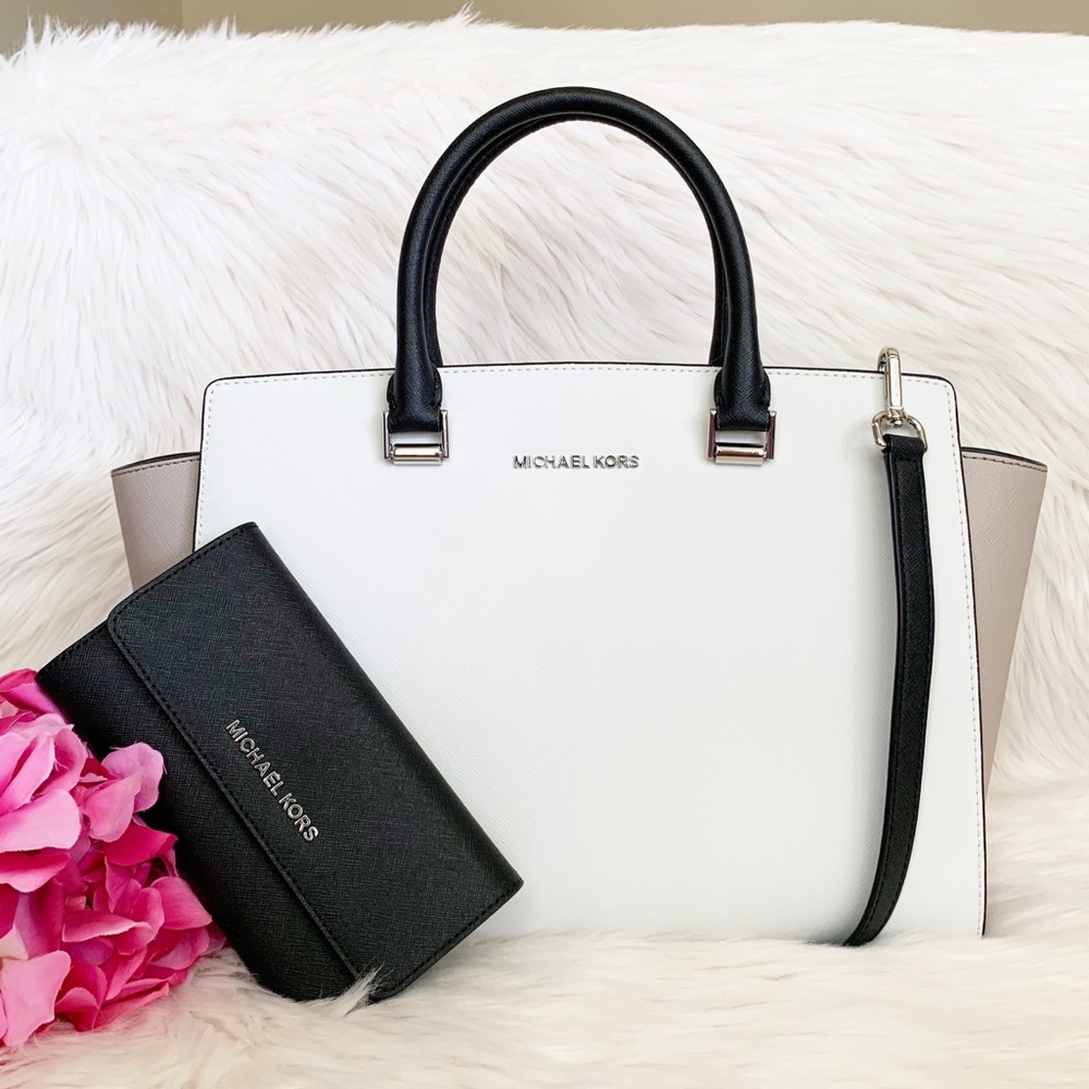 Michael Kors White and Black Saffiano Leather Satchel
